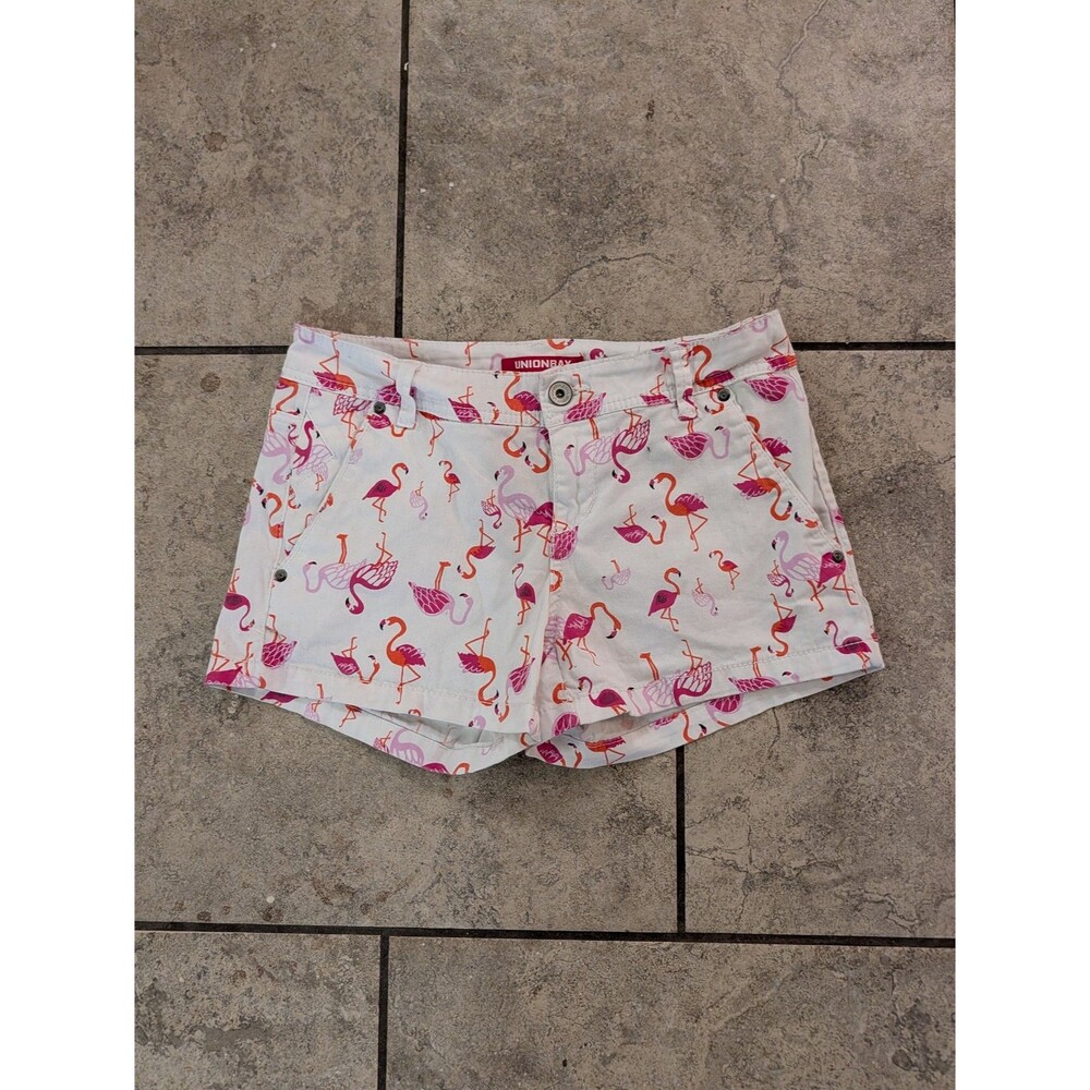 Unionbay Flamingo Print Shorts Juniors 11 Pink Blue Cotton Stretch